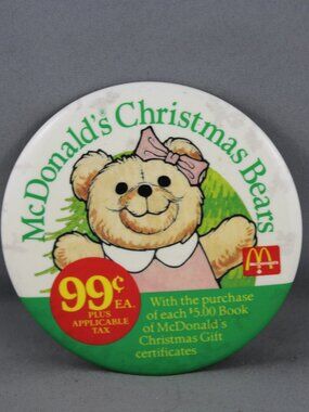 Vintage McDonalds Pin - McDoanld's Christmas Bears - Celluloid Pin